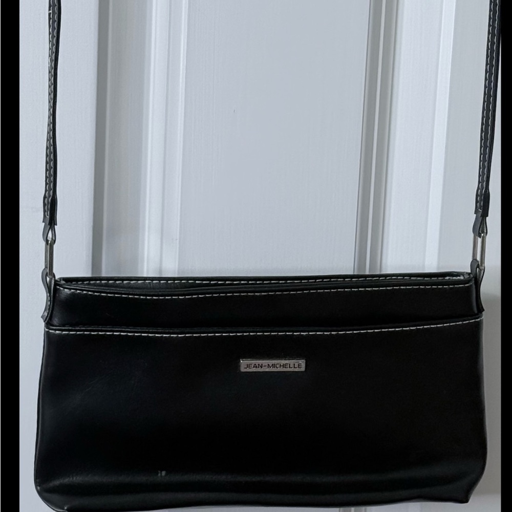 Jean Michelle Black Faux Leather Handbag 10” x 5” x 3” Purse Crossbody Clutch